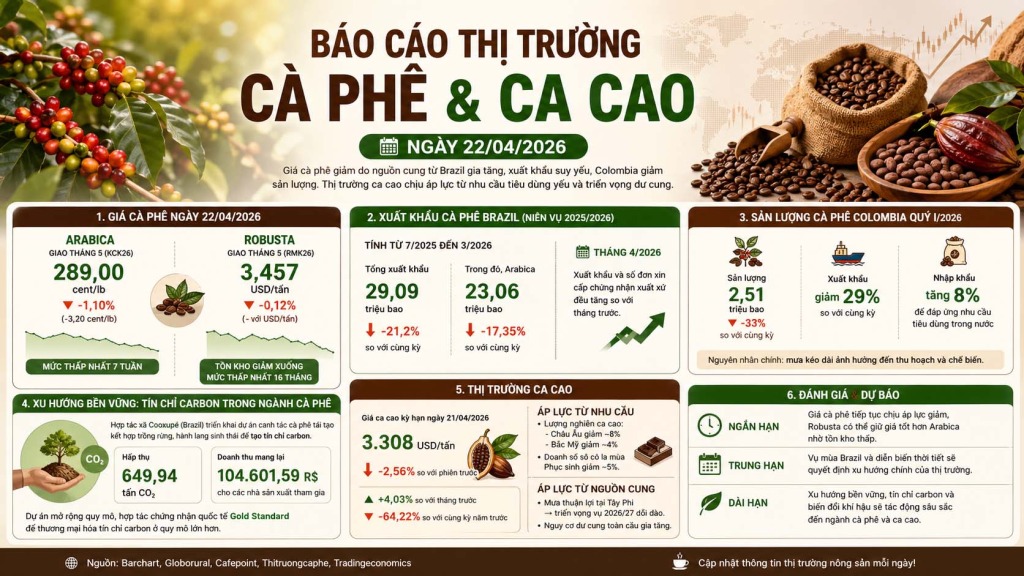 BÁO CÁO THỊ TRƯỜNG CÀ PHÊ - CA CAO NGÀY 22/04/2026: GIÁ GIẢM DO ÁP LỰC NGUỒN CUNG 1 Báo cáo thị trường cà phê - ca cao